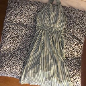 White and green vertical striped dress w/openback